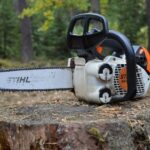 Pilarka spalinowa Stihl na ściętym pniu w lesie